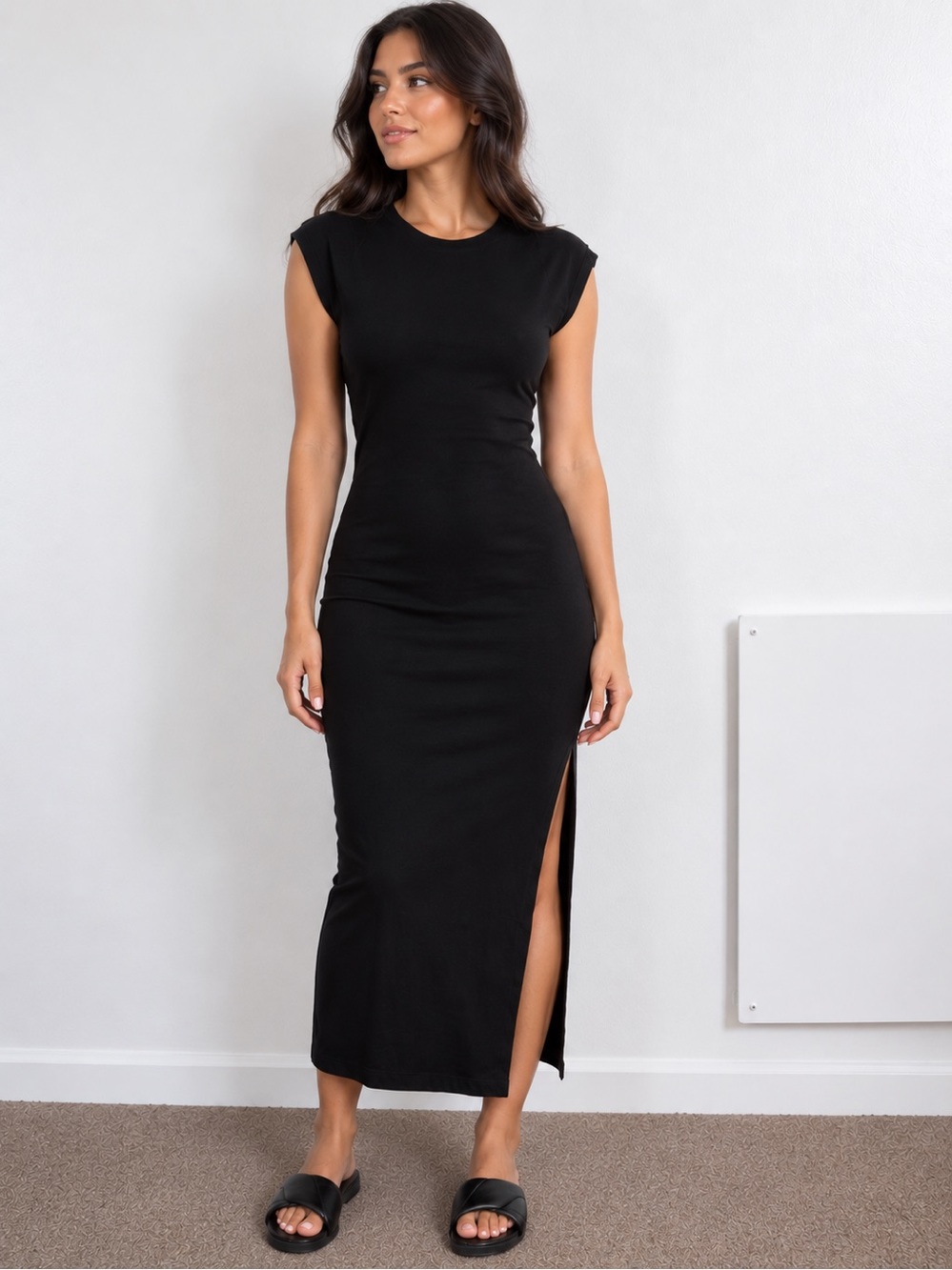 Black Cap-Sleeve Side-Slit Maxi Dress